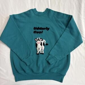 vintage tultex sweatshirt 3D Udderly Cool Cow Teal Retro 80’s Cool Cow Men’s L
